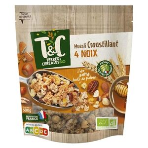 Muesli Croustillant Bio 4 Noix Saveurs Naturelles Terres & Céréales 500g Délices Certifiés, Nutritifs et Sains. Bon pour la Santé! Le Lot De 3 - Publicité