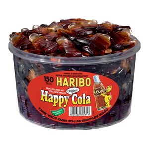 Bonbons HARIBO gélifiés aux fruits HAPPY COLA - Boîte de 150 - Lot de 2 - Publicité