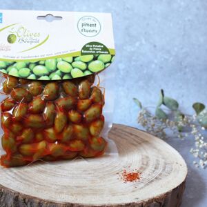 Olives vertes au piment d'Espelette 200g - En direct de Les amandes et olives du Mont Bouquet (Gard) - Publicité