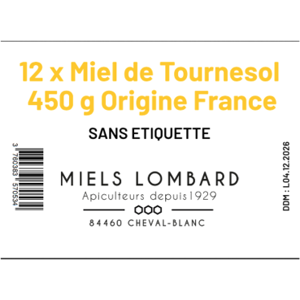 MIELS LOMBARD - Apiculteurs recoltants Carton de 12 pots en verre de Miel de Tournesol 450g Miels Lombard Origine France SANS ETIQUETTE