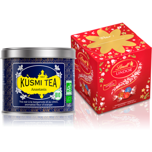 KUSMI TEA DUO Gourmand : - THÉ NOIR AROMATISÉ BERGAMOTE, CITRON ET FLEUR D'ORANGER SAVEUR FRUITS EXOTIQUES BIO & BOÎTE CADEAU LINDOR - Kusmi Tea