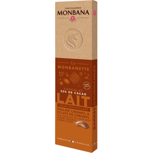 Monbana - Barre chocolat au lait 33% - MONBANA - praliné noisettes aux éclats de caramel d'Isigny - Publicité