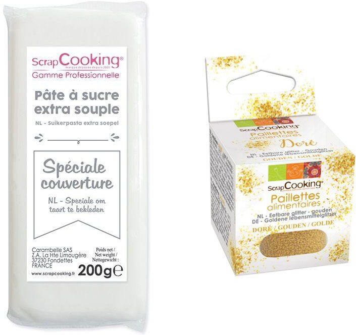 Pâte à sucre de couverture blanche 200 g + paillettes dorées Scrapcooking