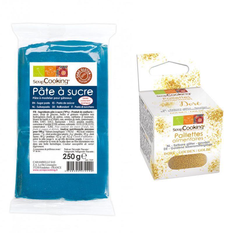 Pâte à sucre bleu foncé 250 g + paillettes dorées Scrapcooking