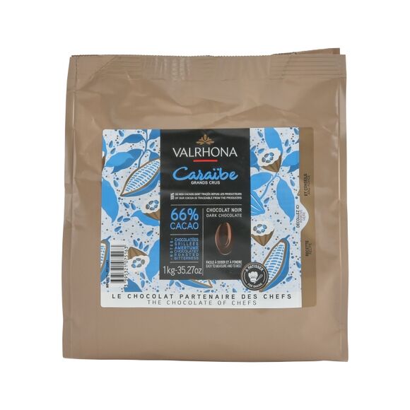 VALRHONA Sac fèves chocolat de couverture noir Caraibe 66% 1KG