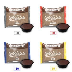 Caffè Borbone Mix 200 Capsule  Don Carlo - 50 Miscela Nera - 50 Miscela Rossa - 50 Miscela Blu - 50 Miscela Oro - Compatibili A Modo Mio