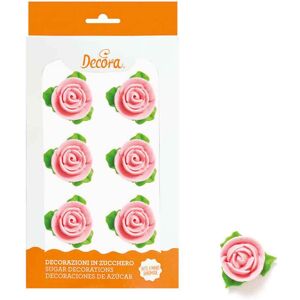 6 Decorazioni Rose Rosa Con Foglie Verdi In Zucchero Decora