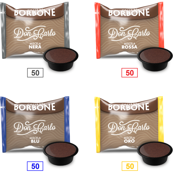 caffè borbone mix 200 capsule  don carlo - 50 miscela nera - 50 miscela rossa - 50 miscela blu - 50 miscela oro - compatibili a modo mio