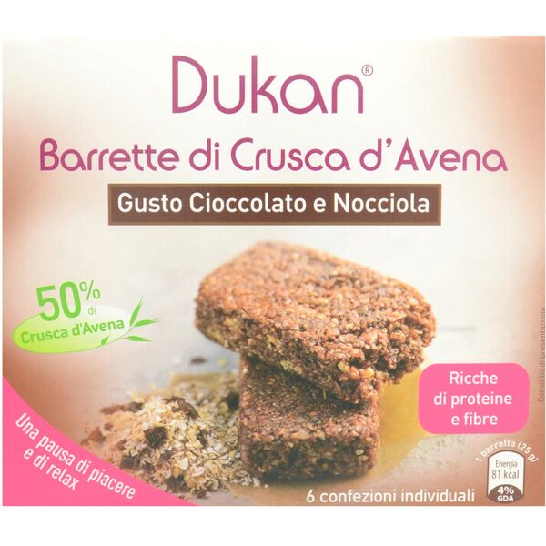 dukan barrette di crusca d'avena gusto cioccolato e nocciola 6 barrette da 25 grammi