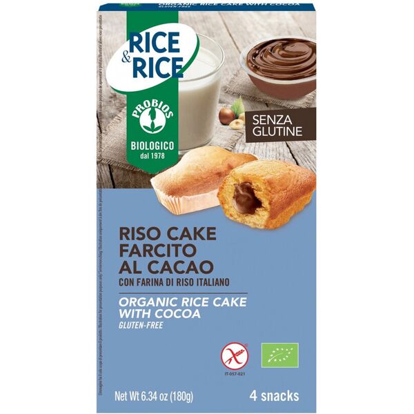 probios rice & rice - riso cake farcito al cacao 4 snack da 45 grammi