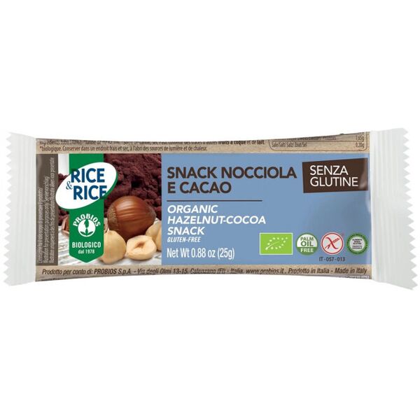 probios rice & rice - snack di riso alla nocciola e cacao 1 snack da 25 grammi