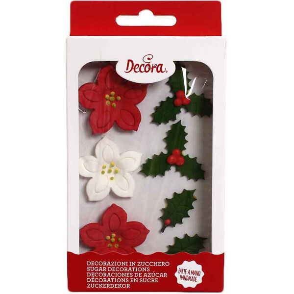 7 decorazioni stelle di natale e agrifoglio in zucchero 3 - 3,5- 4 cm decora