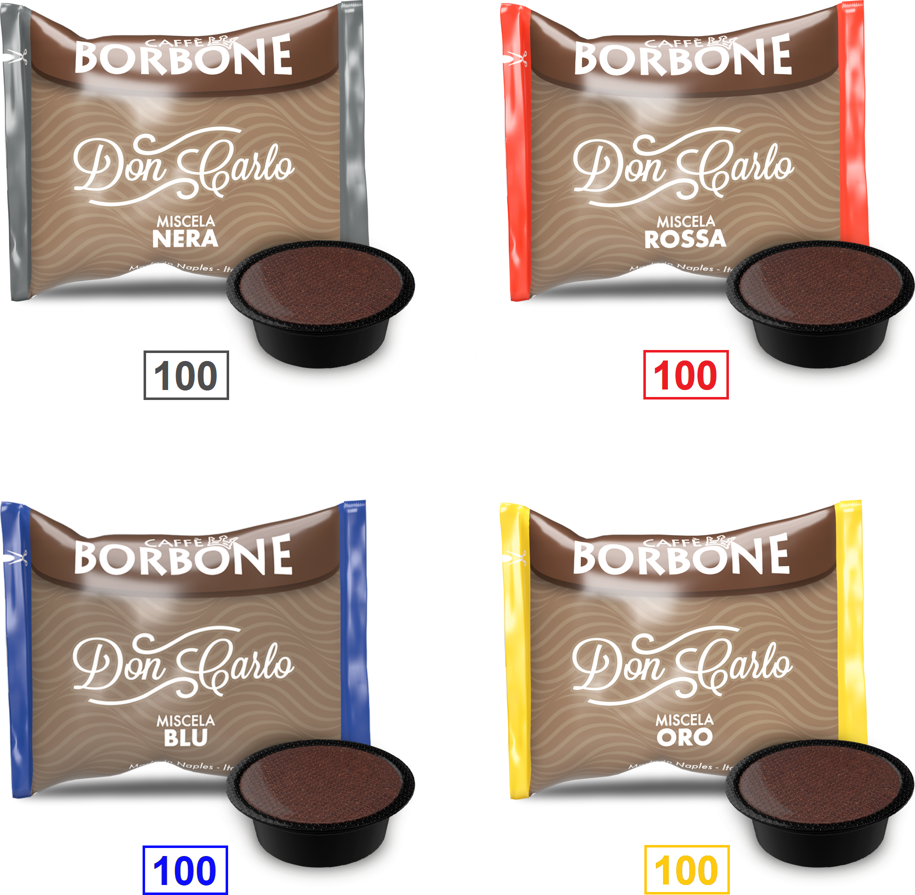 Caffè Borbone Mix 400 Capsule  Don Carlo - 100 Miscela Nera - 100 Miscela Rossa - 100 Miscela Blu - 100 Miscela Oro - Compatibili A Modo Mio