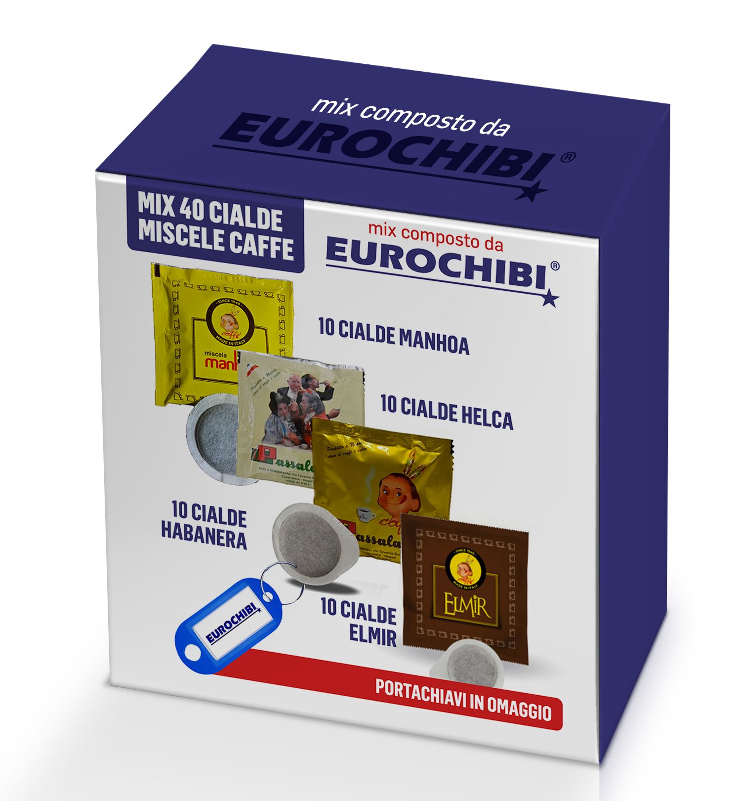 Eurochibi Mini Mix 40 Cialde Caffè Passalacqua - 10 Manhoa - 10 Helca - 10 Habanera - 10 Elmir Con 1 Esclusivo Portachiavi ®
