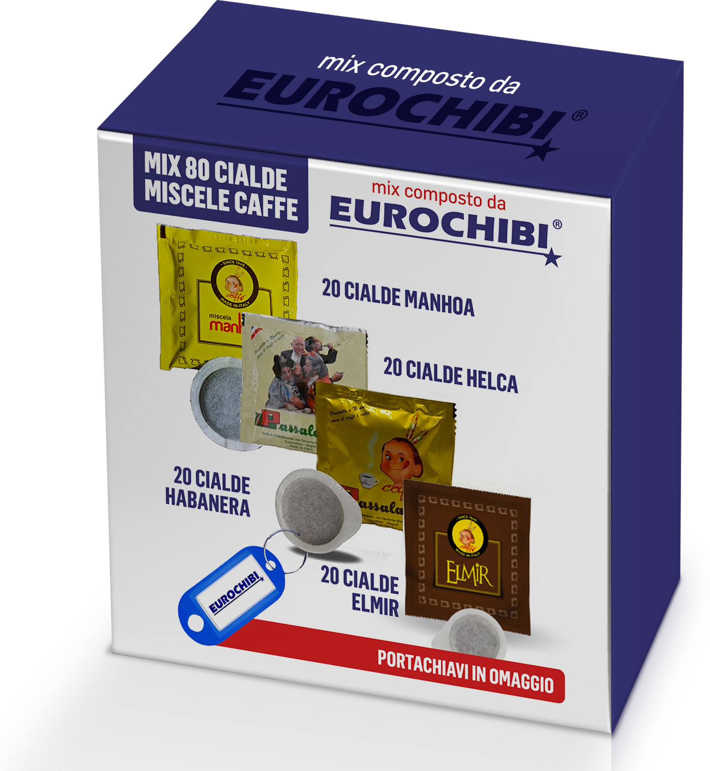 Eurochibi Mix 80 Cialde Caffè Passalacqua - 20 Manhoa - 20 Helca - 20 Habanera - 20 Elmir Con 1 Esclusivo Portachiavi ®