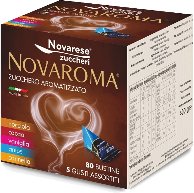 Novarese Zuccheri Novaroma Zucchero Aromatizzato - 80 Bustine Da 5g Gusti Assortiti Di Cannella, Cacao, Vaniglia, Anice E Nocciola