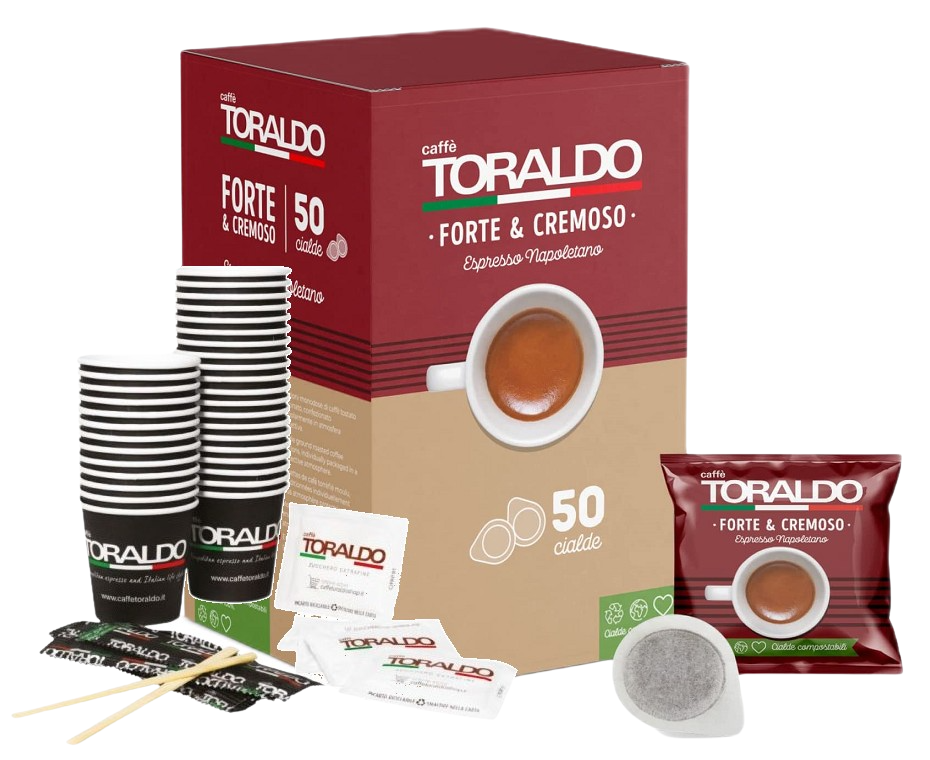 Caffè Toraldo - Miscela Forte & Cremoso - Kit 50 Cialde Ese44 Da 7.2g + Accessori