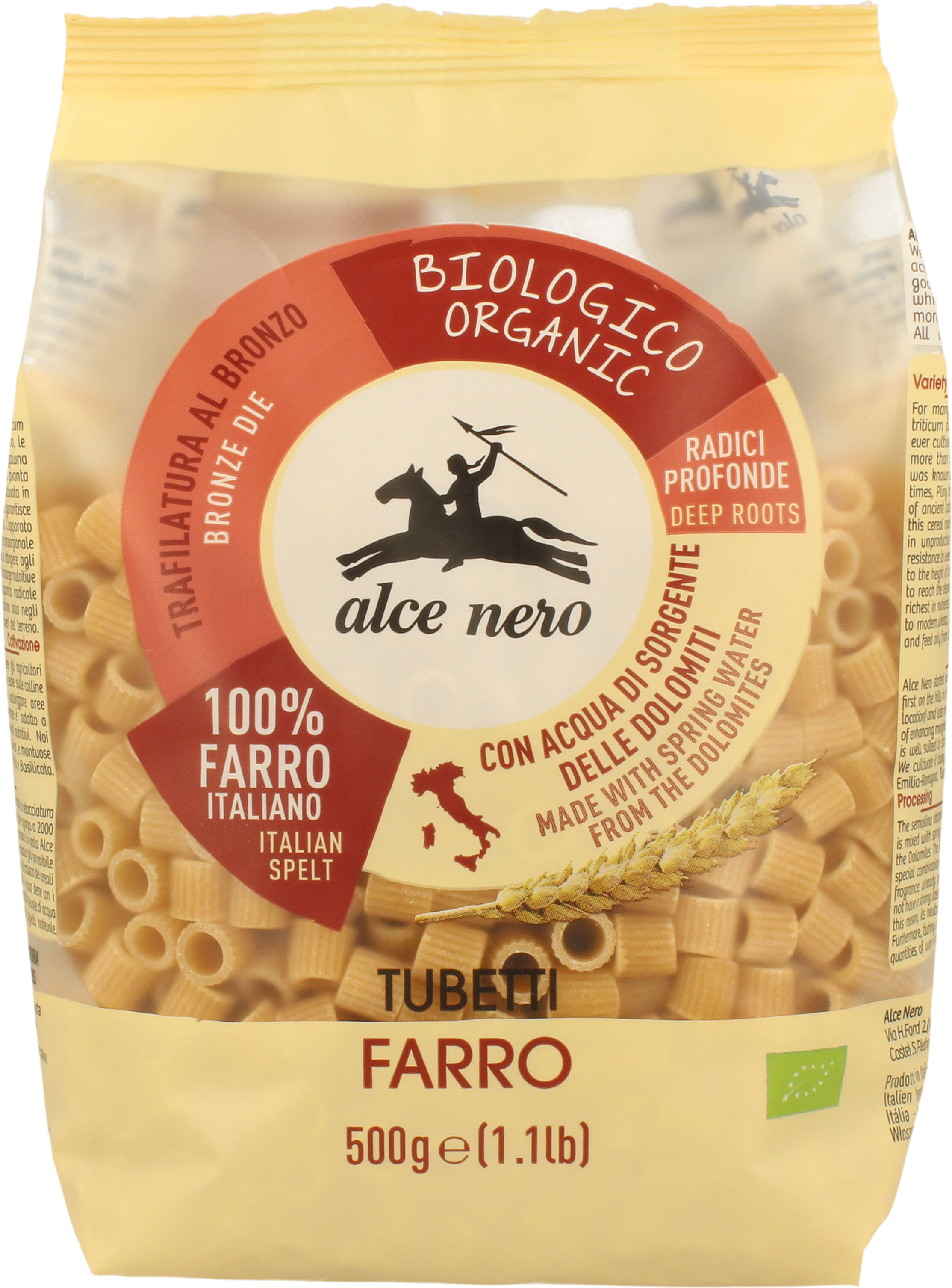 ALCE NERO Tubetti 100% sfarinato di farro bio 500 g