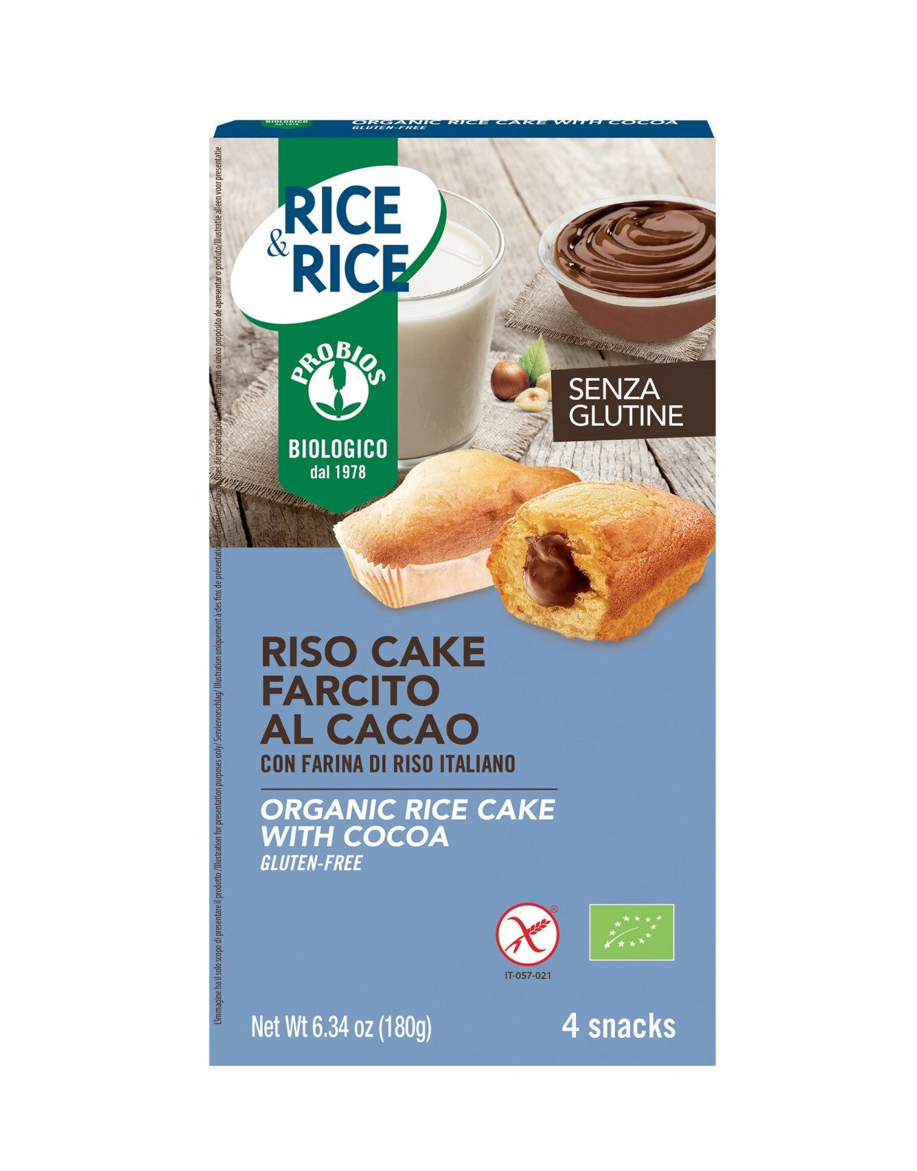 PROBIOS Rice & Rice - Riso Cake Farcito Al Cacao 4 Snack Da 45 Grammi