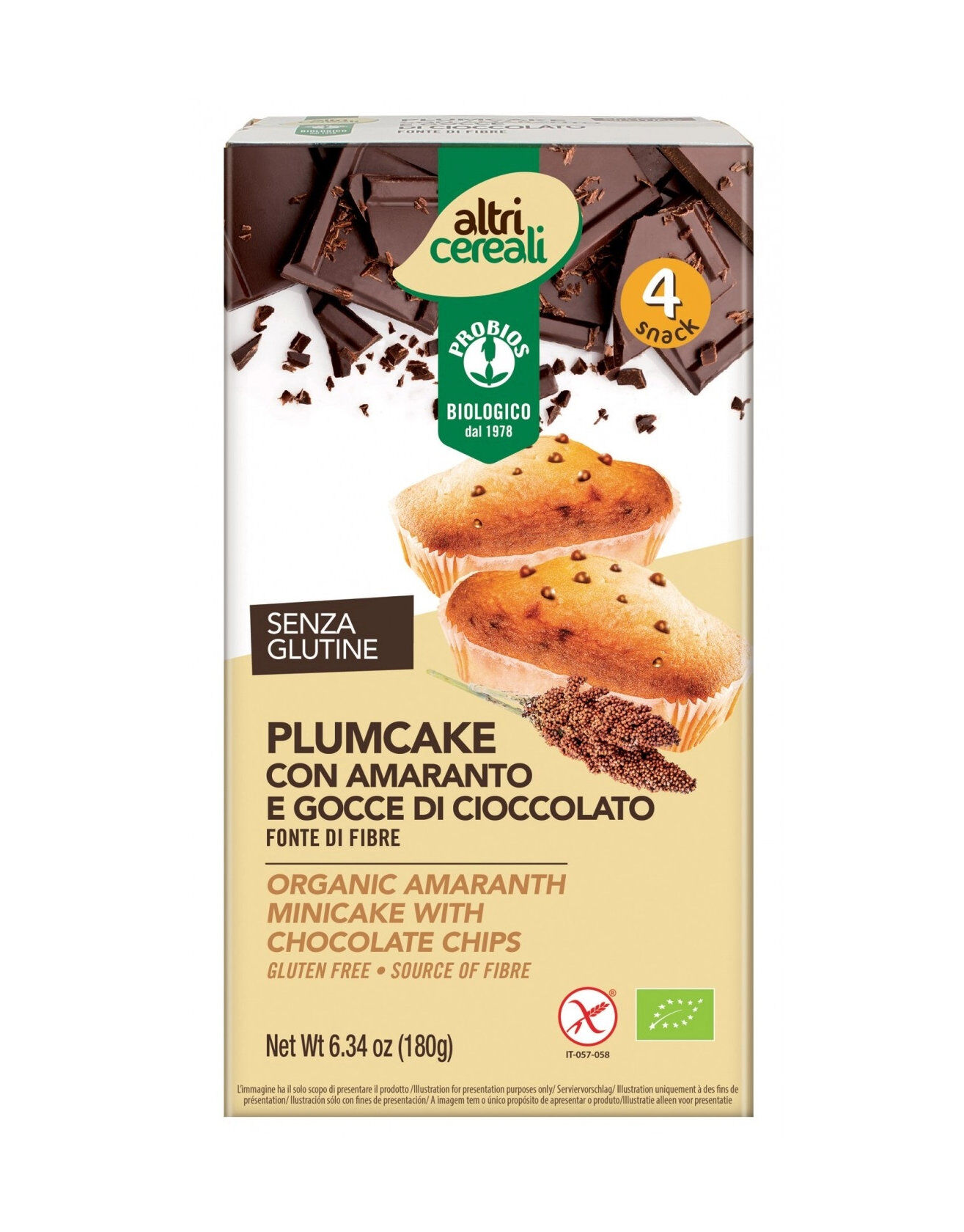 PROBIOS Altri Cereali - Plum Cake Con Amaranto E Gocce Di Cioccolato 4 Plumcake Da 45 Grammi