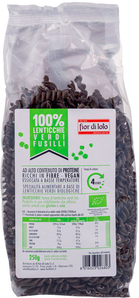 FIOR DI LOTO 100% Lenticchie Verdi Fusilli 250 Grammi