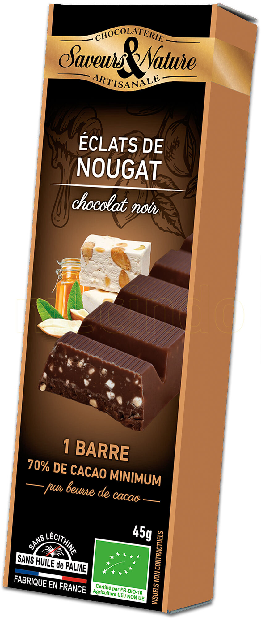 Saveurs & Nature Chokoladebar Mørk 70% Ø Fransk Nougat - 45 g