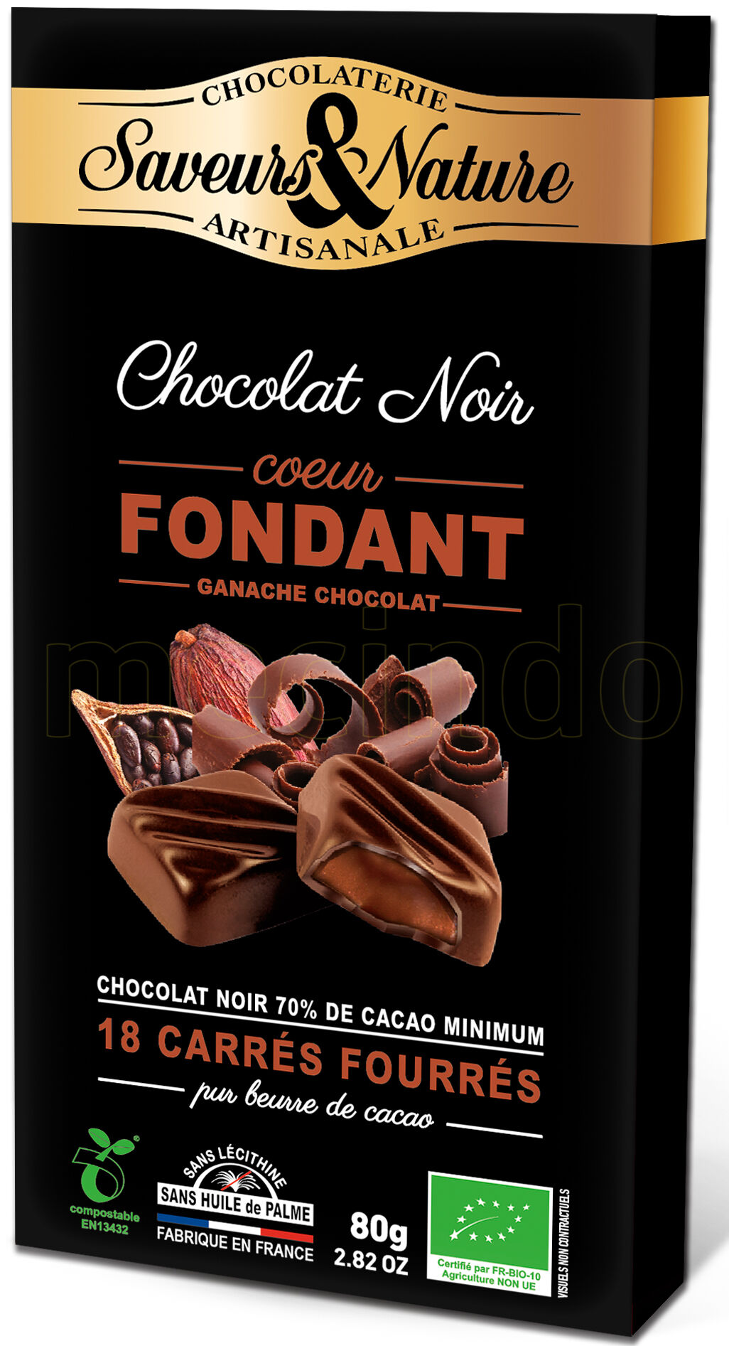 Saveurs & Nature Chokolade Fyldt Mørk 70% M.chokoladeganache Ø M. Chokoladaganache - 18 Stk - 80 g