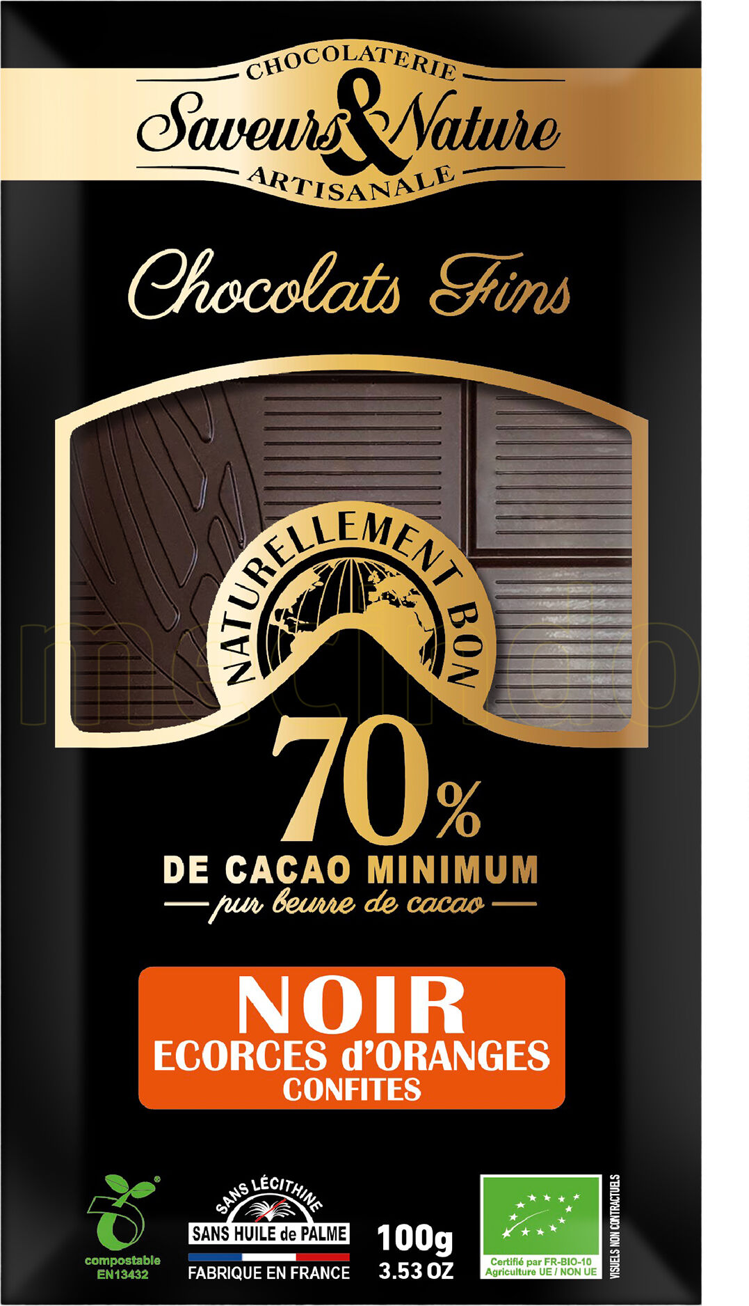 Saveurs & Nature Chokolade 70% Mørk M. Appelsinskal Ø Kandiseret - 100 g