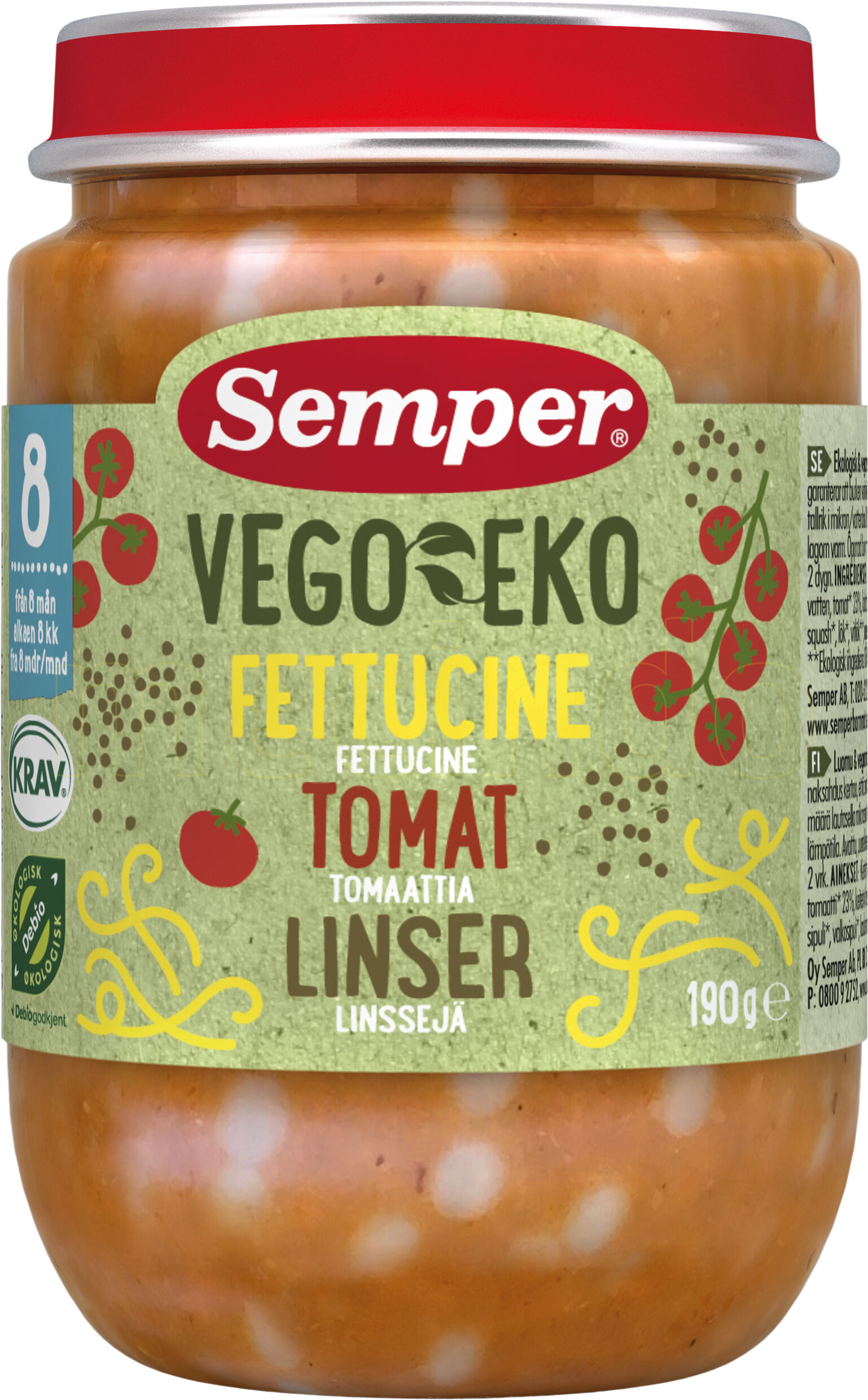Diverse Vego Eko Babymos Fettucine Tomat & Linser Fra 8 Mdr. Ø - 190 g