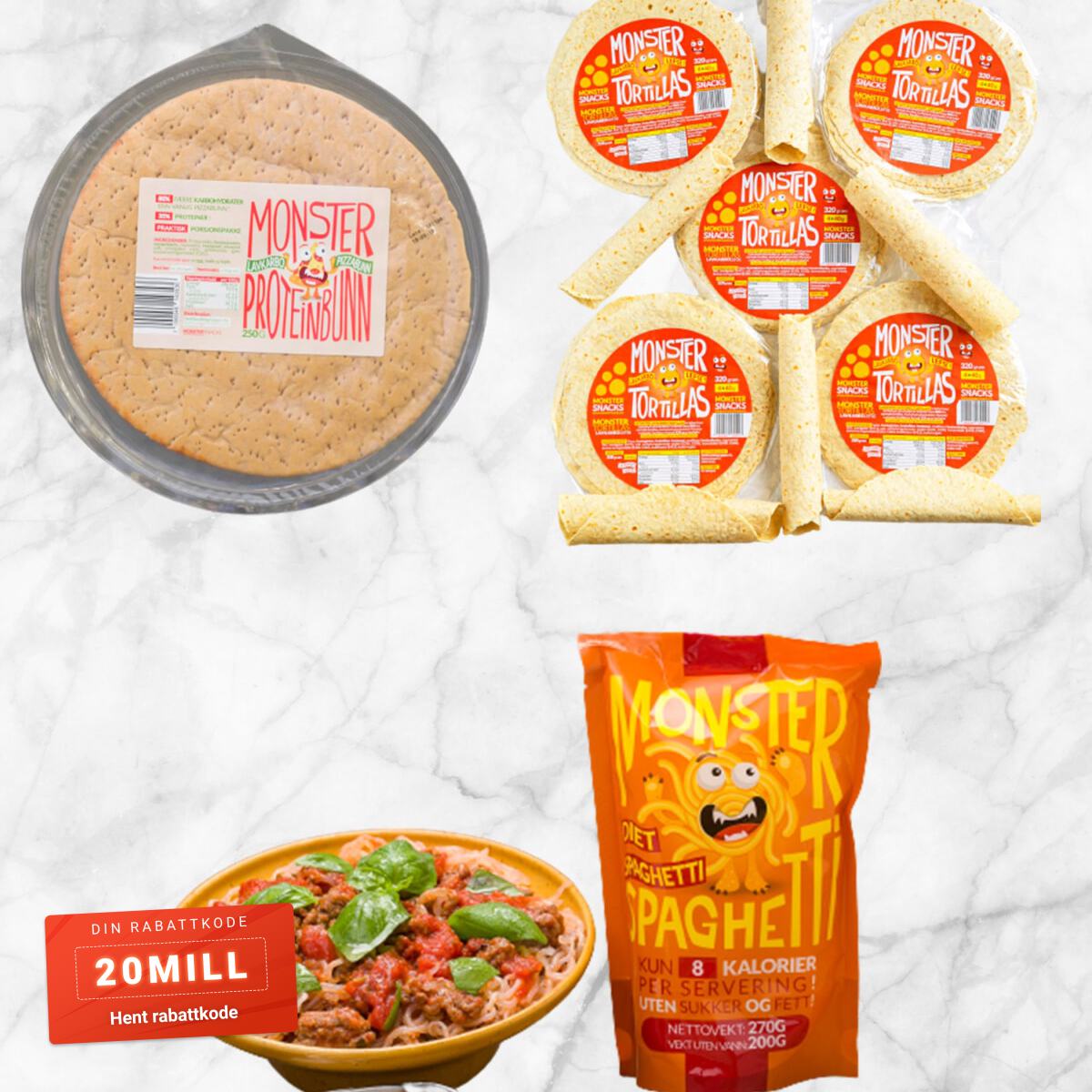 Monster Supersnacks Lavkarbo Middagsmix - Tortilla, Pizzabunn & Spaghetti