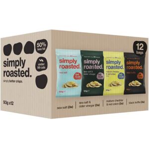 Simply Roasted: Mixed Case Sharer Bags 3x Sea Salt, 3x Mature Cheddar & Red Onion, 3x Black Truffle, 3x Sea Salt & Cider Vinegar 50% less fat roasted potato crisps (Box of 12 x 93g bags)