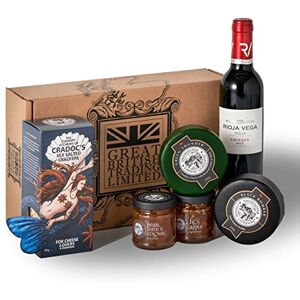 GREAT BRITISH TRADING LIMITED Great British Trading - Cheese, Crackers, Chutney and Wine Gift Hamper with Snowdonia Black Bomber and Green Thunder, Cradocs Sea Salted Crackers, Snowdonia Chutney and Rioja Red Wine