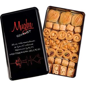 Mughe Gourmet Assorted Baklava Pastry Gift Elegant Tin Box - 500g 1.1lb 32 pcs - Turkish Pistachio, Almond, Walnut, Cashew, Hazelnut Bite Size Gifts Baklawa Sweet - Perfect for Birthday, Fathers Day