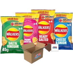 Walkers Grab Bags Mixed Bulk Pack: Ready Salted, Cheese Onion, Salt Vinegar & Prawn Cocktail (16-32x45g) Boxed Treatz (16, All 4 Flavours, 4 PCS Each)