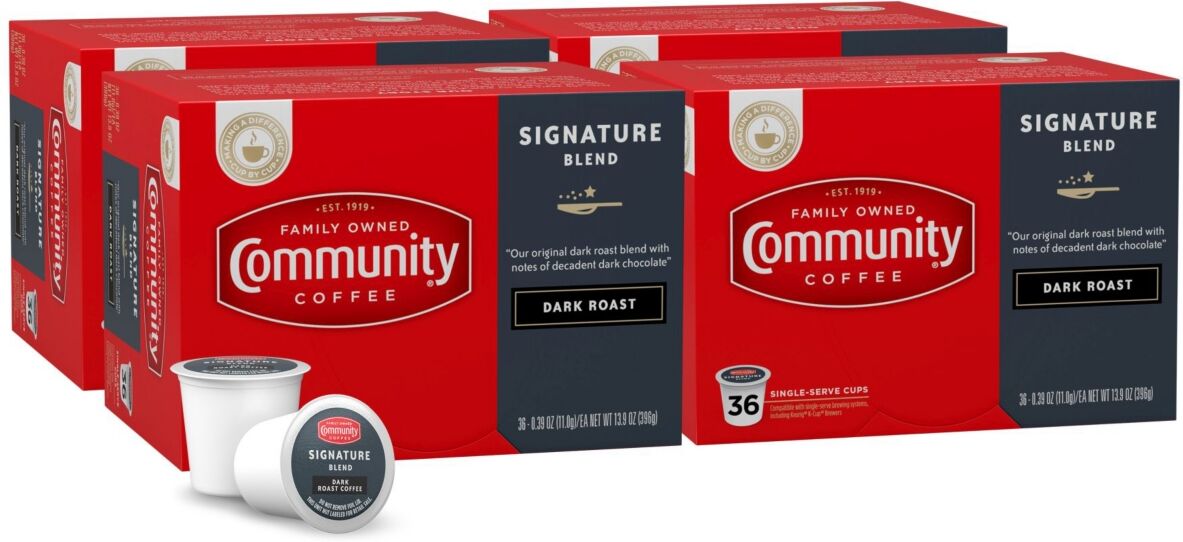 Community Coffee Signature Blend Dark Roast Single Serve Pods, Keurig K-Cup Brewer Compatible, 144 Ct