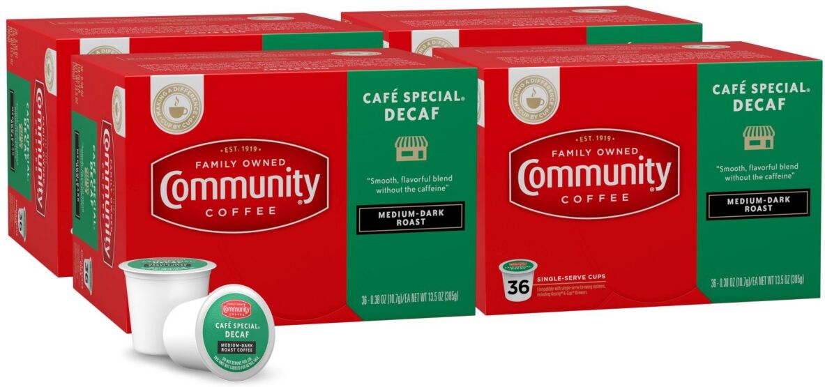 Community Coffee Cafe Special Decaf Medium-Dark Roast Single Serve Pods, Keurig K-Cup Brewer Compatible, 144 Ct