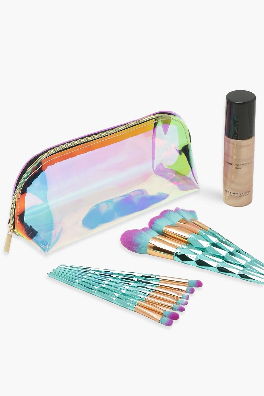 Boohoo Holographic Makeup Bag, Brush And Spray Set- Multi  - Size: ONE SIZE