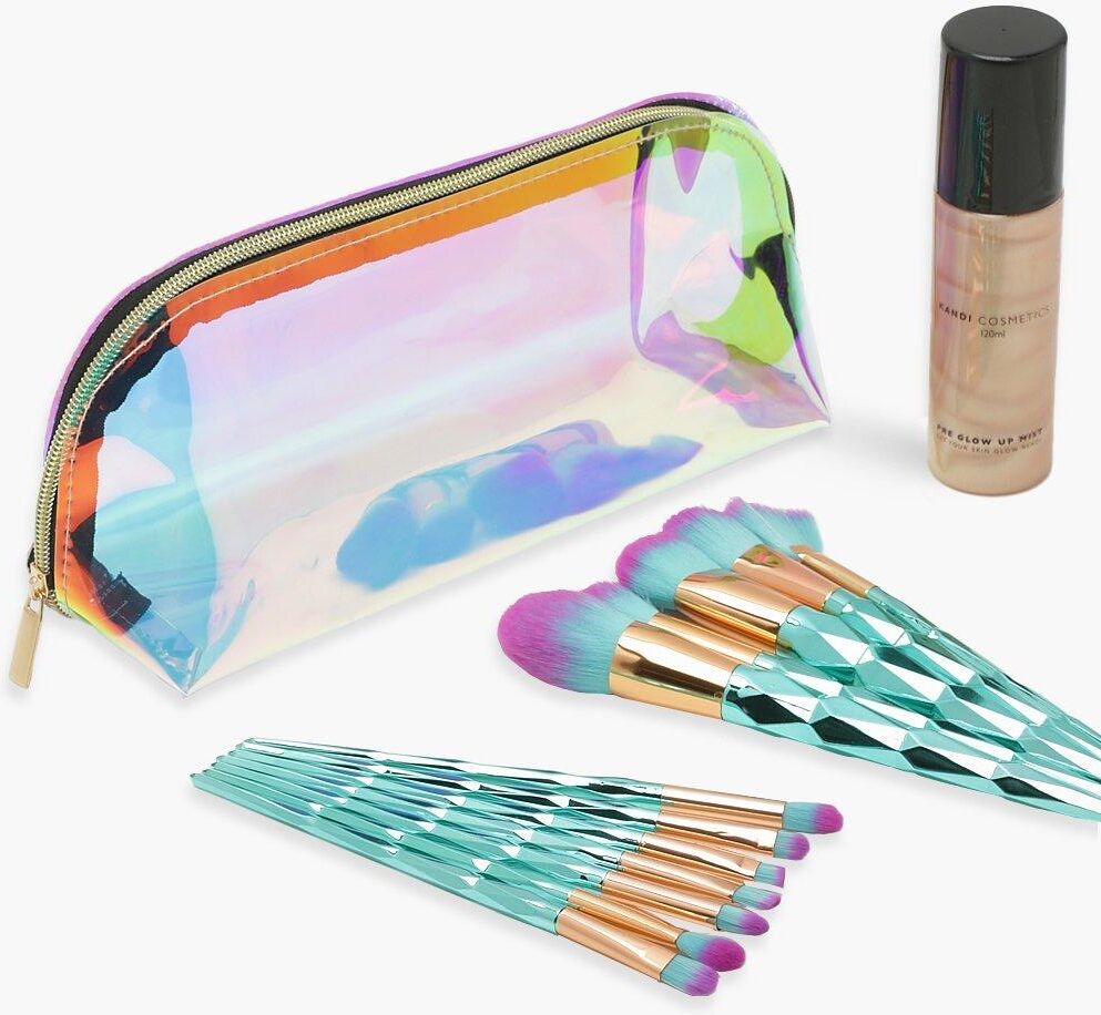 Boohoo Holographic Makeup Bag, Brush And Spray Set- Multi  - Size: ONE SIZE