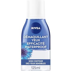 NIVEA Démaquillant Yeux Double Action au Bleuet (1 x 125 ml), nettoyant visage enrichi en eau purifiée, soin visage femme pour tous types de peaux, format voyage - Publicité