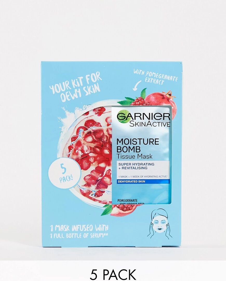 Garnier Moisture Bomb Pomegranate Hydrating Face Sheet Mask Dehydrated Skin 5 Pack Box 160g-No colour  - Size: No Size