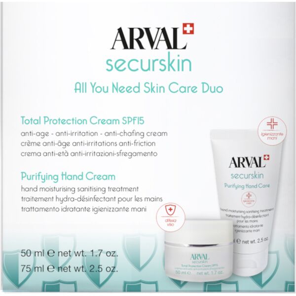 arval securskin - total protection cream + purifying hand cream 50 ml crema viso + 75 ml igienizzante mani