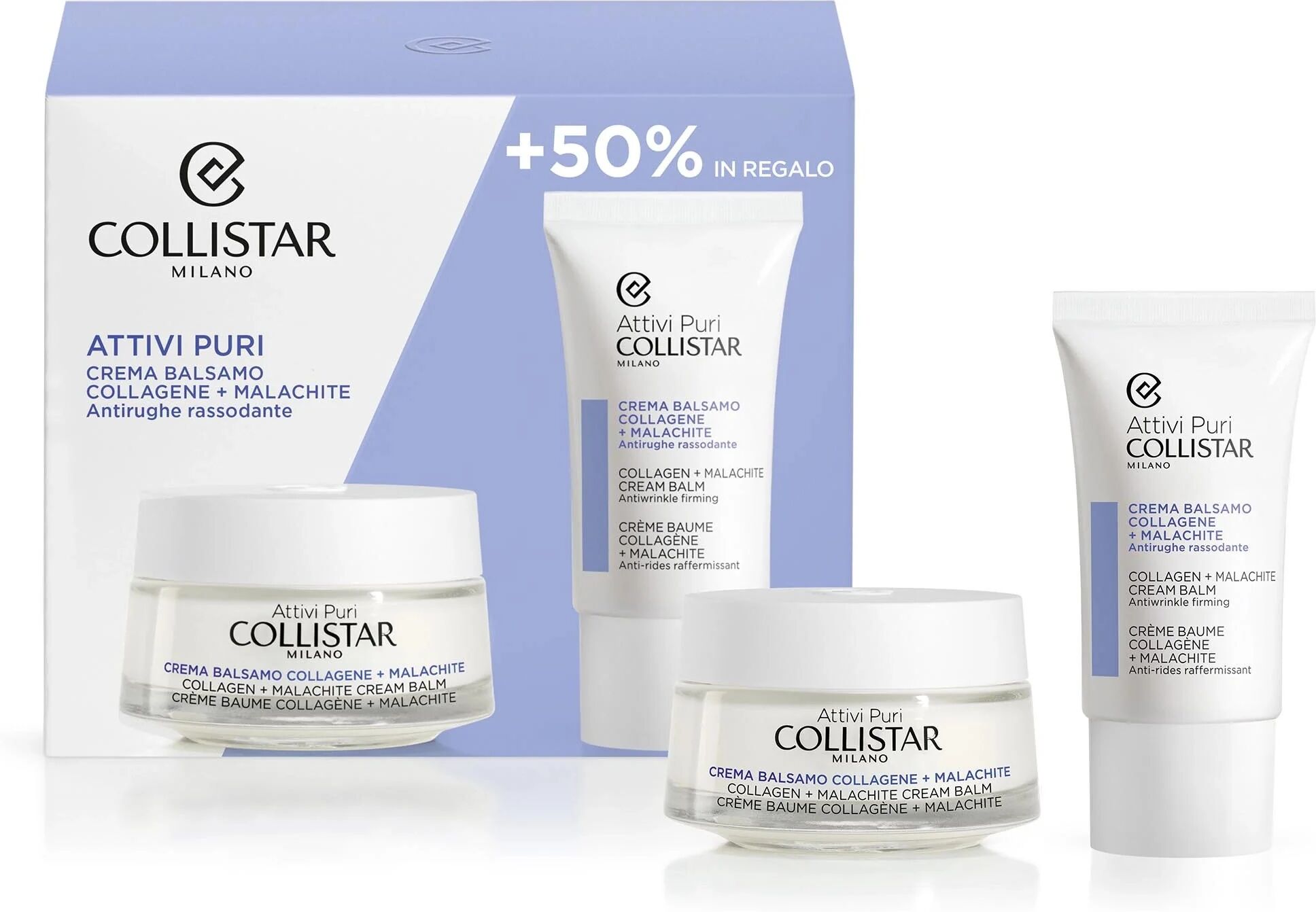 Collistar Cofanetto Attivi Puri Crema Balsamo Collagene + Malachite 50 ml + Regalo Tubo Crema Da 25 ml