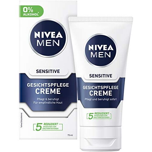 Nivea Men Sensitive gezichtscrème in verpakking van 2 stuks (2 x 75 ml), vochtinbrengende crème voor mannen met een gevoelige huid, kalmerende gezichtscrème