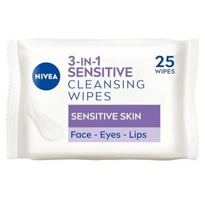 NIVEA 3in1 Sensitive Cleansing Wipes (25 Wipes), Plant-Based Makeup Remover Wipes, Face Wipes for Sensitive Skin, Gentle yet Effective Makeup Removal