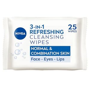 NIVEA 3in1 Refreshing Cleansing Wipes Normal Skin and Combination Skin (25 Wipes), Plant-Based Makeup Remover Face Wipes, Gentle Yet Effective Makeup Removal