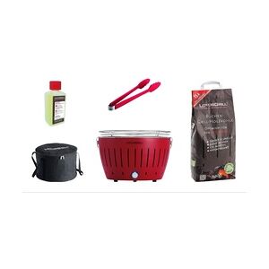 LotusGrill Starter-Set Classic 1x Grill Feuerrot mit USB-Anschluß, 1x Buchenholzkohle 2,5 kg, 1x Brennpaste 200ml, 1x Würstchenzange (Farbe nach Vorra