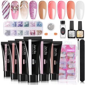 Janolia Negleforlængelse Gel Kit til Negle, 6-farve Gel Nails Starter Set med Base, Top Coat, Slip Solution, Builder Nail Gel Set