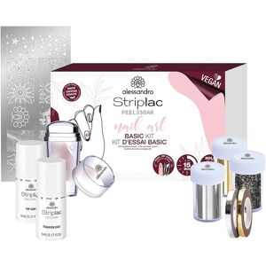 Alessandro Negle Striplac Peel Or Soak Sets Nail Art Basic Kit Transfer folie sølv 8 ml + transfer folie guld 8 ml + transfer folie blonde 8 ml + transfer coat 5 ml + nailstripes guld + nailstripes sølv + stempel stencil med kort + striplac top coat 5 ml