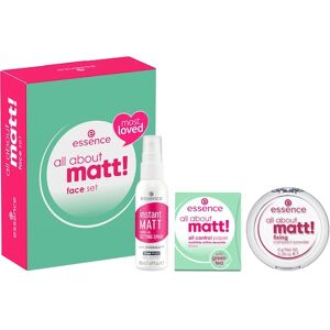 Essence Ansigtsmakeup Powder Gavesæt All About Matt! Fixing Compact Powder 8 g + Instant MATT Make-Up Setting Spray 50 ml + 50x All About Matt! Oil Control Paper