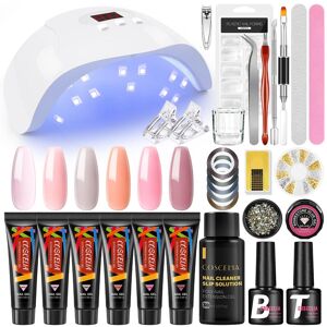 Poly Extension Gel Kit 6 Couleurs Poly Nail Gel 36W Lampe Sèche-Ongles et Top Base Coat Solution Slip Gel Dur pour Faux Ongles Construction Rapide